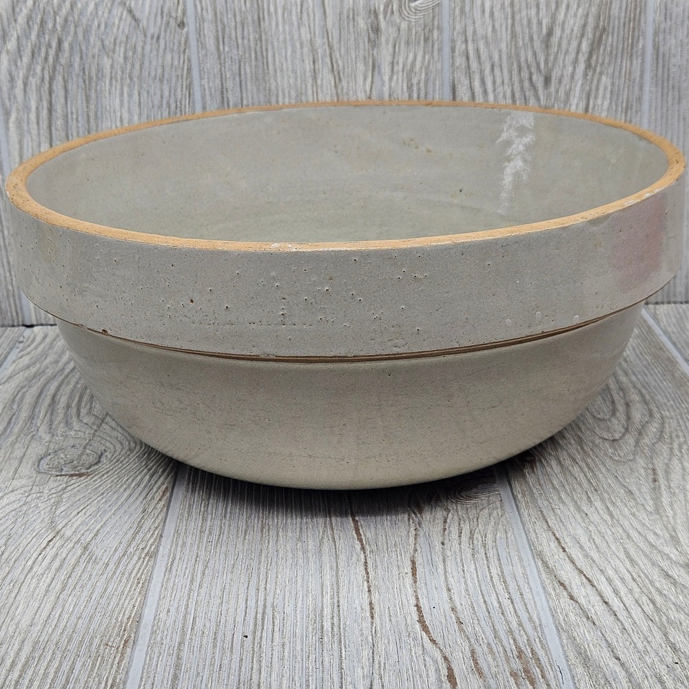 Antique Stoneware Mixing Bowl 11 Inch Grey Salt Glaze Primitive Farmhouse Crock